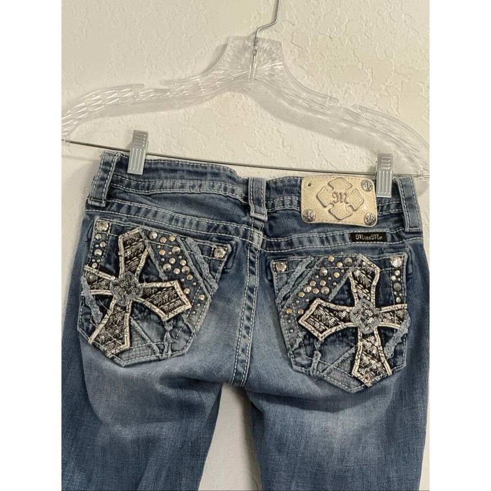 Miss Me Jeans Womens 25 Blue Signature Straight Low Rise Distressed Embellished - Picture 3 of 6